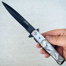 9" Italian Milano Stiletto Tactical Spring Assisted Open Pocket Knife Pearl