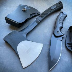 2 PC Camping Fixed Blade Tactical Combat Survival Knife w/ Sheath + Axe Hatchet