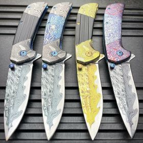 8" Heavy Titanium Damascus Etched Stainless Steel Spring Assisted Pocket Knife