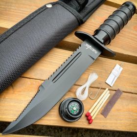 9.5" Tactical Hunting Army Rambo Fixed Blade Knife Machete Bowie w Survival Kit Black