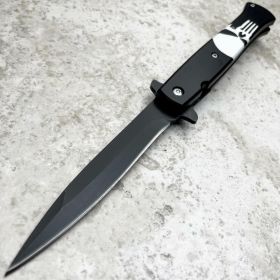 9" Stiletto Style Black Skull Spring Assisted Pocket Knife